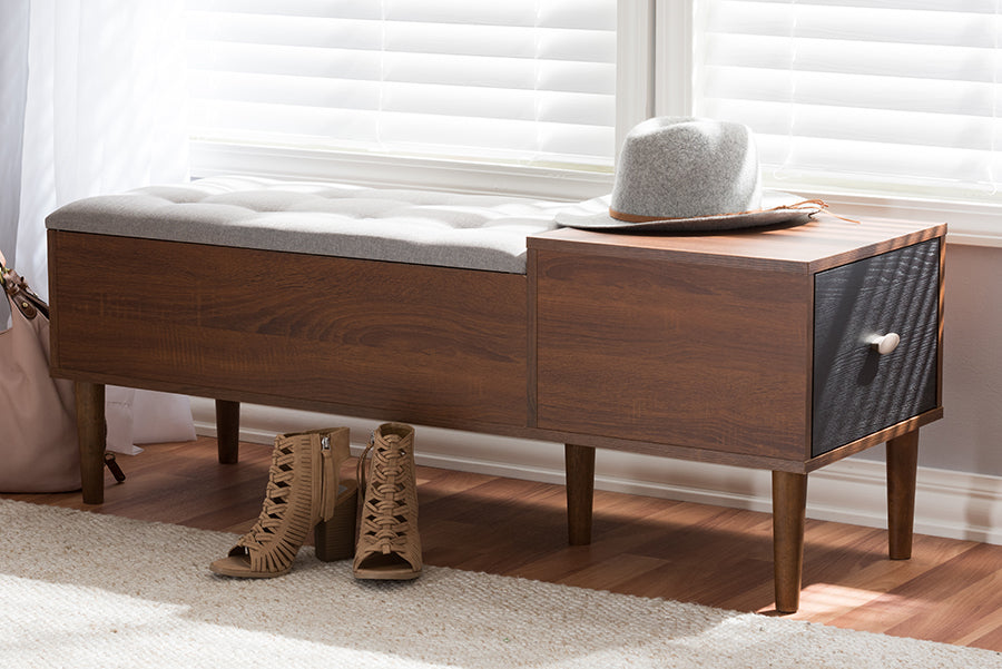 Baxton Studio Merrick Mid-century Retro Modern 1-drawer 2-tone Oak and Dark Brown Wood Entryway Storage Grey Fabric Cushioned Bench Shoe Rack Cabinet Organizer | Cabinets | Modishstore - 2