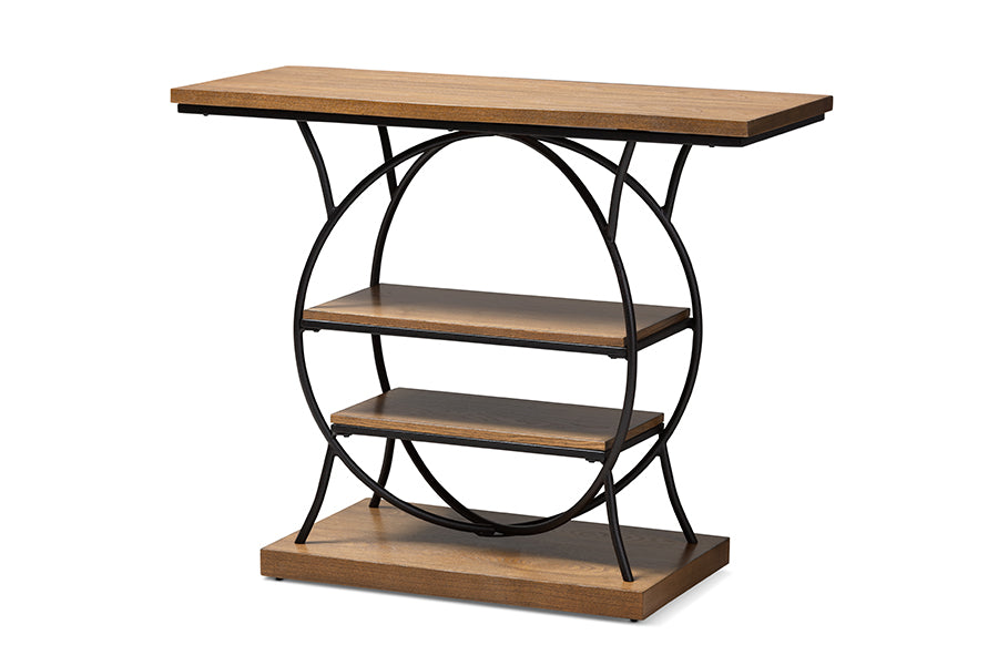 baxton studio lavelle vintage rustic industrial style walnut brown wood and dark bronze finished metal circular console table | Modish Furniture Store-2