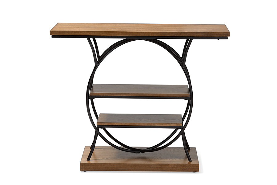 baxton studio lavelle vintage rustic industrial style walnut brown wood and dark bronze finished metal circular console table | Modish Furniture Store-3