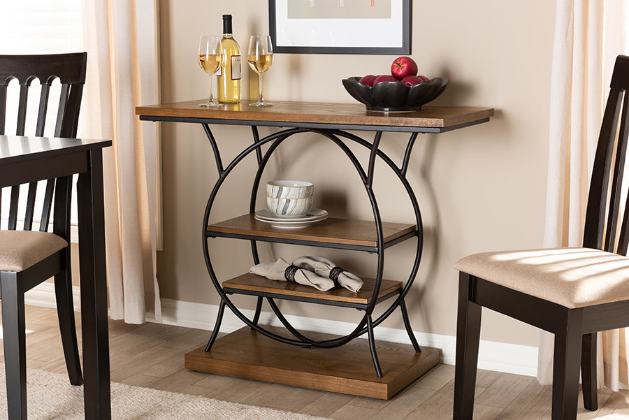 Baxton Studio Lavelle Vintage Rustic Industrial Style Walnut Brown Wood and Dark Bronze-Finished Metal Circular Console Table | Modishstore | Console Tables