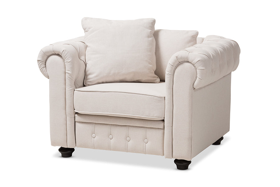 baxton studio alaise modern classic beige linen tufted scroll arm chesterfield chair | Modish Furniture Store-2