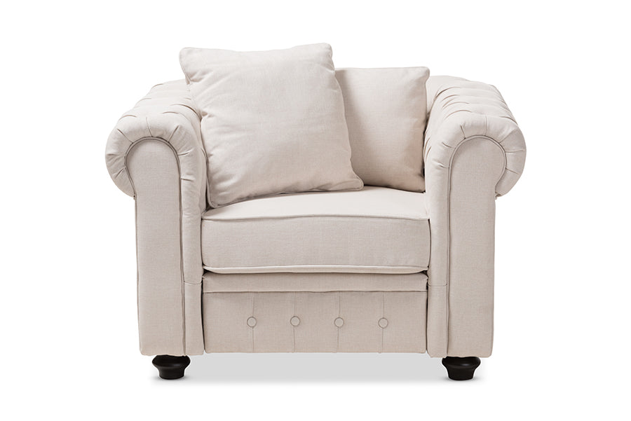 baxton studio alaise modern classic beige linen tufted scroll arm chesterfield chair | Modish Furniture Store-3