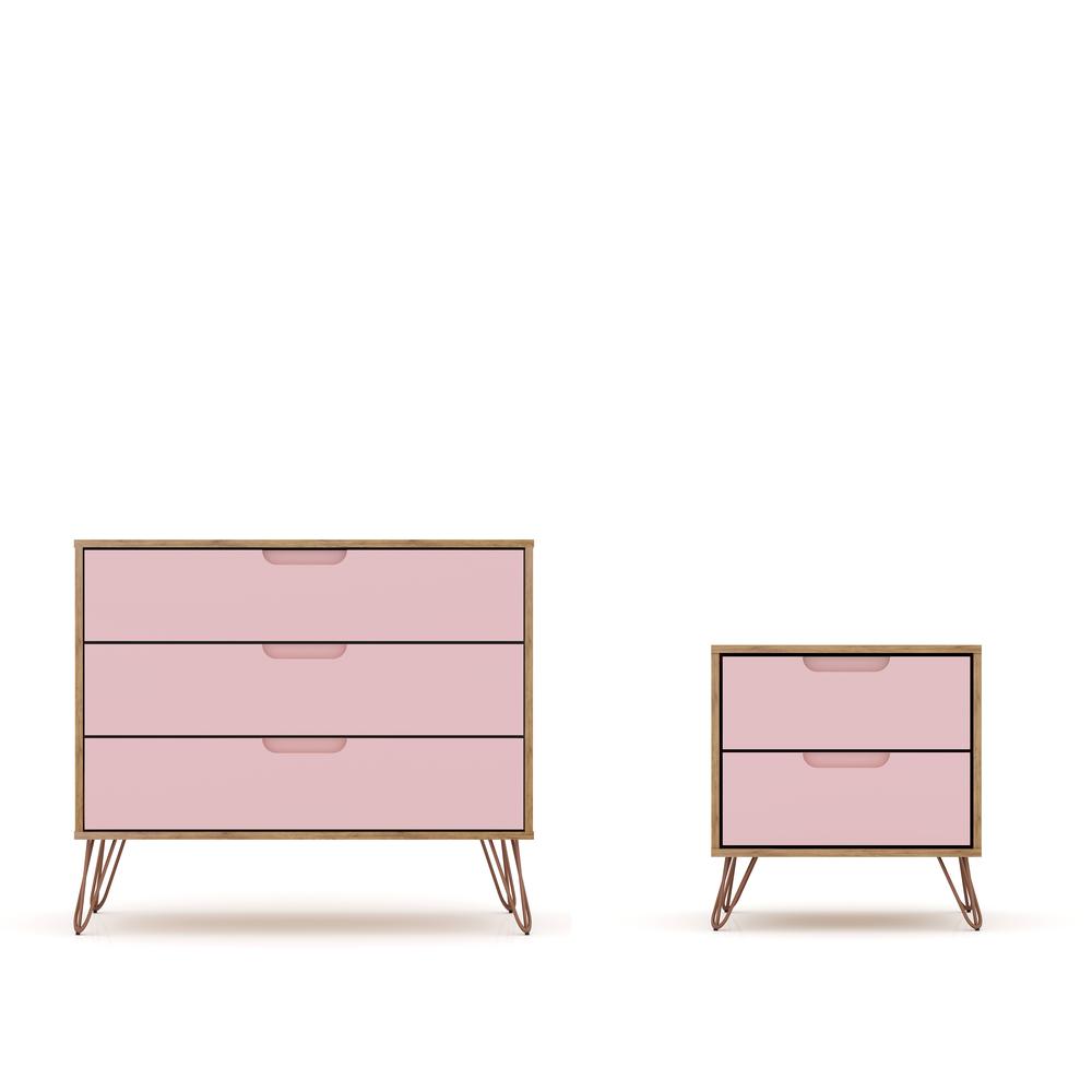 Rockefeller Dresser and Nightstand Set in Nature and Rose Pink By Manhattan Comfort | Dressers | Modishstore - 2