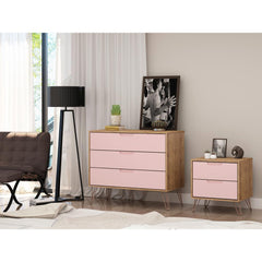 Rockefeller Dresser and Nightstand Set in Nature and Rose Pink By Manhattan Comfort
