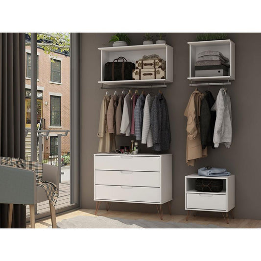 Rockefeller 4-Piece Full Open Closet Wardrobe in White By Manhattan Comfort | Armoires & Wardrobes | Modishstore