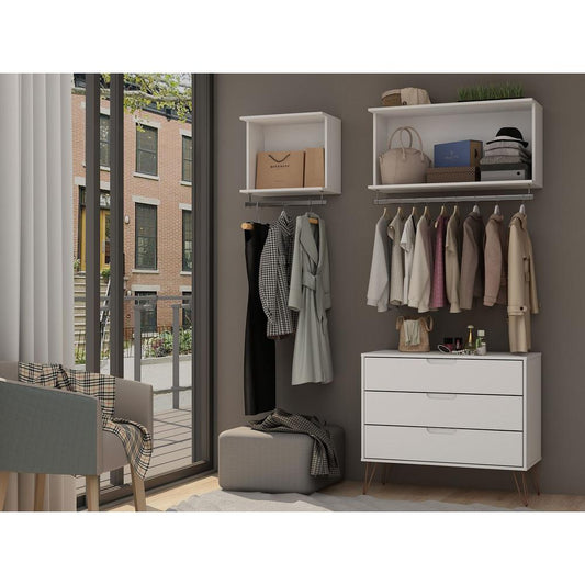 Rockefeller 3-Piece Full Open Closet Wardrobe in White By Manhattan Comfort | Armoires & Wardrobes | Modishstore