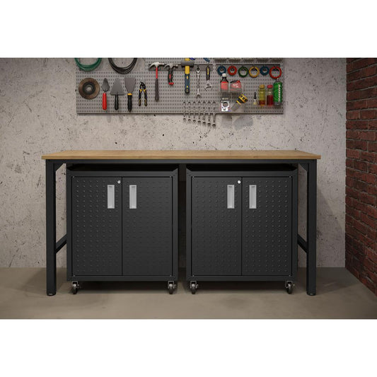 3-Piece Fortress Mobile Space-Saving Steel Garage Cabinet and Worktable 1.0 in Charcoal Grey By Manhattan Comfort | Cabinets | Modishstore
