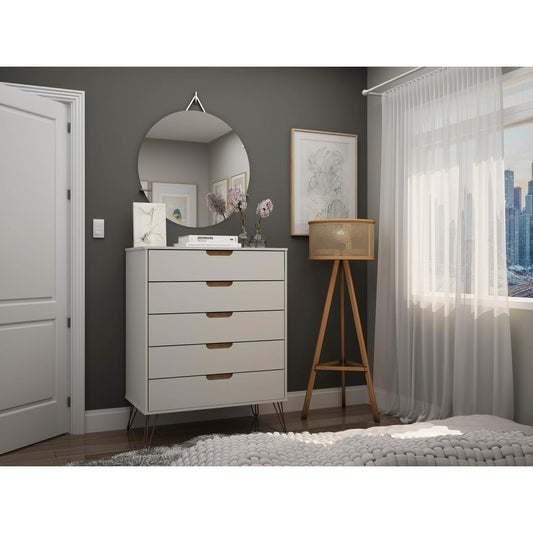 Rockefeller 5-Drawer Tall Dresser in Off White and Nature By Manhattan Comfort | Dressers | Modishstore