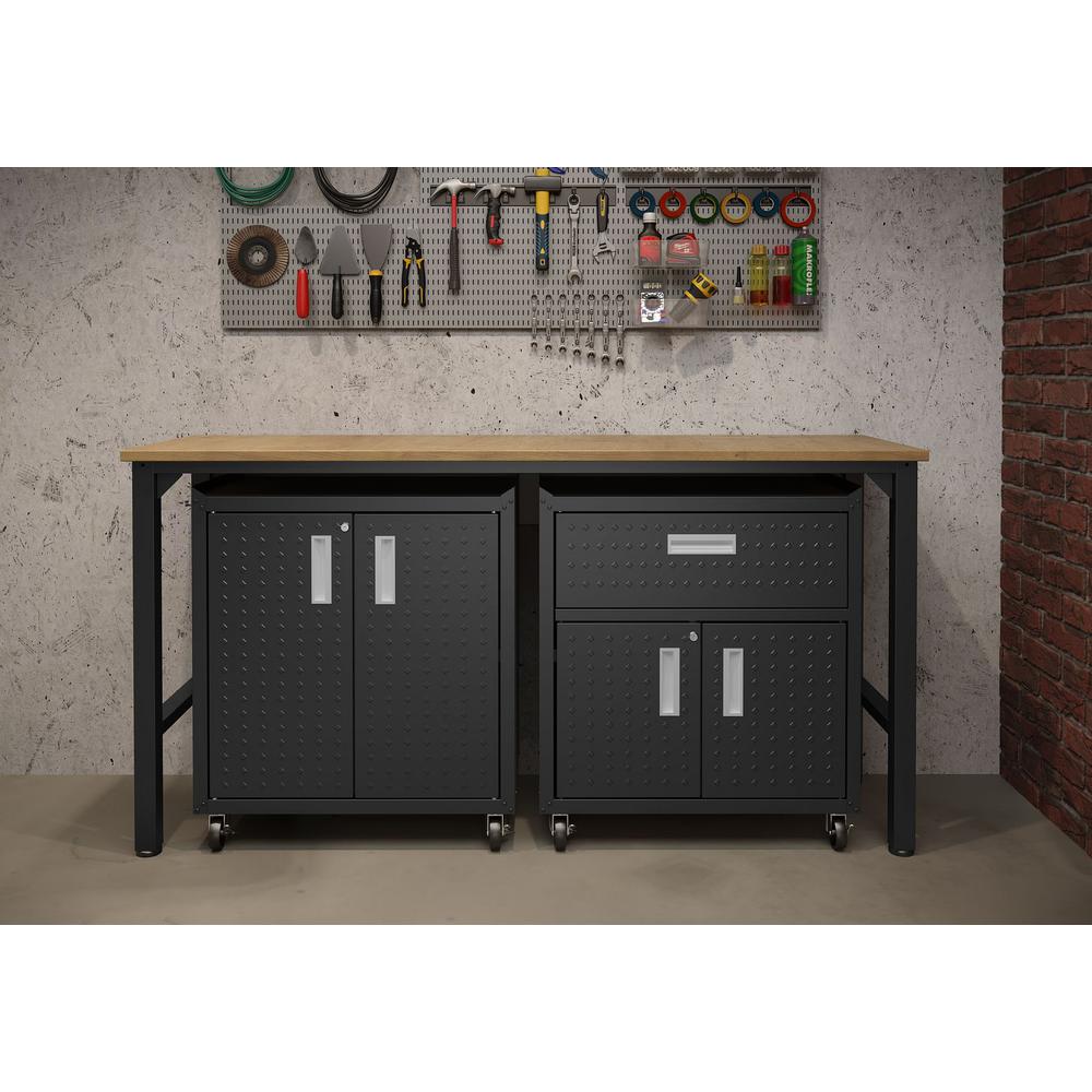3-Piece Fortress Mobile Space-Saving Steel Garage Cabinet and Worktable 2.0 in Charcoal Grey By Manhattan Comfort | Cabinets | Modishstore