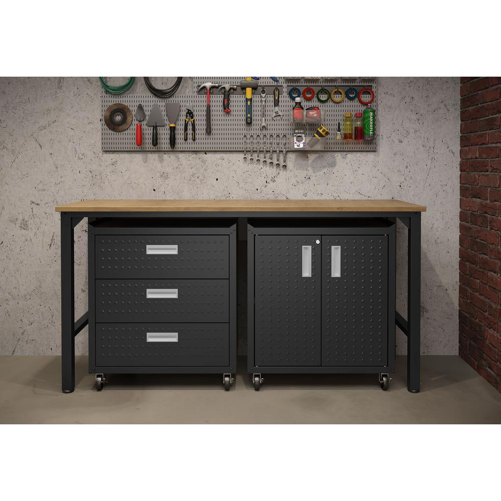 3-Piece Fortress Mobile Space-Saving Steel Garage Cabinet and Worktable 3.0 in Charcoal Grey By Manhattan Comfort | Cabinets | Modishstore