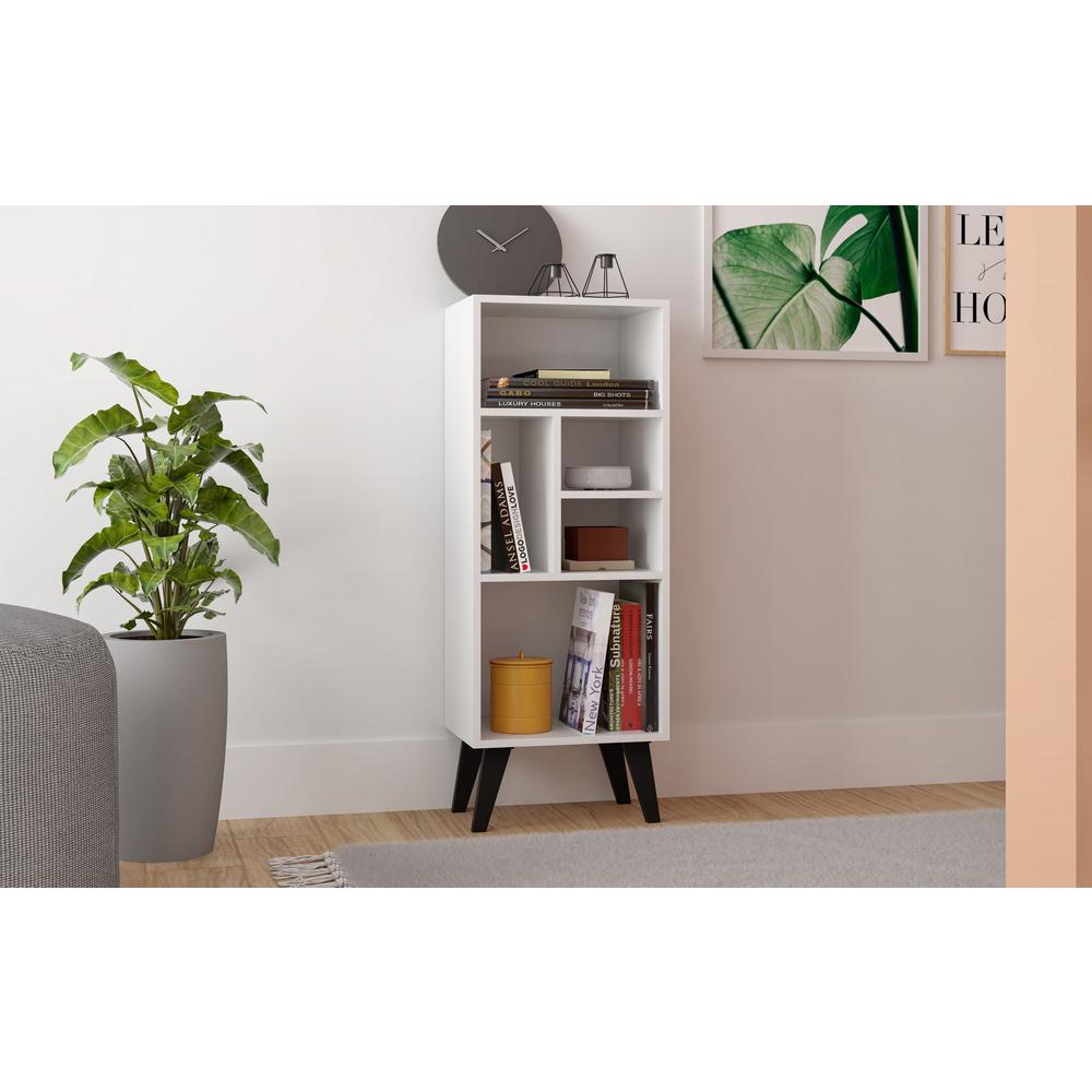 Warren Mid-High Bookcase 2.0 with 5 Shelves in White with Black Feet By Manhattan Comfort | Shelves & Shelving Units | Modishstore
