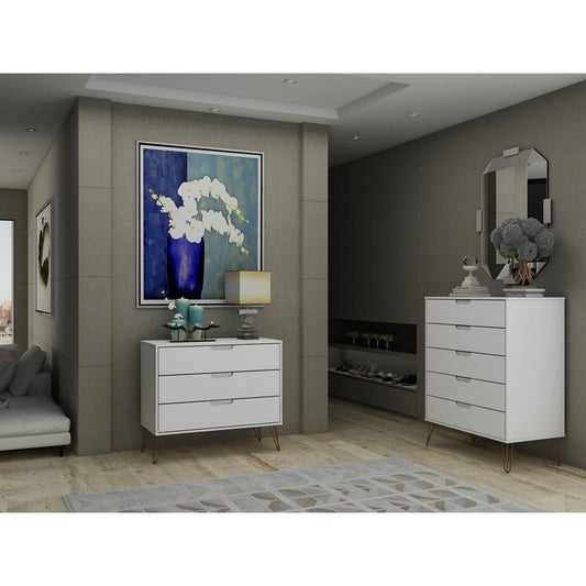 Rockefeller Tall 5-Drawer Dresser and Standard 3-Drawer Dresser  in White By Manhattan Comfort | Dressers | Modishstore