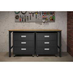 3-Piece Fortress Mobile Space-Saving Steel Garage Cabinet Chests and Worktable 6.0 in Charcoal Grey By Manhattan Comfort