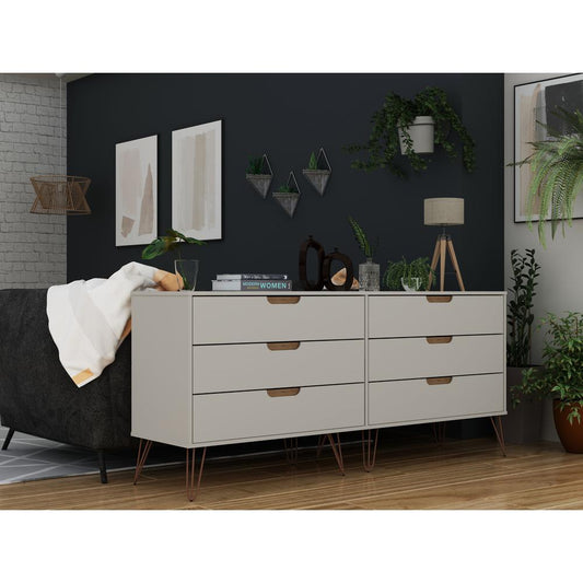 Rockefeller 6-Drawer Double Low Dresser in Off White and Nature By Manhattan Comfort | Dressers | Modishstore