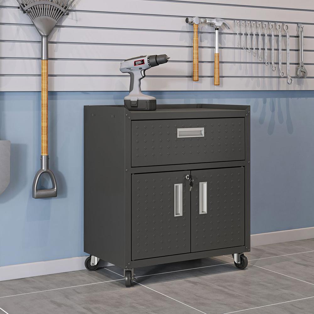 Fortress Textured Metal 31.5" Garage Mobile Cabinet with 1 Full Extension Drawer and 2 Adjustable Shelves in Charcoal Grey By Manhattan Comfort | Cabinets | Modishstore