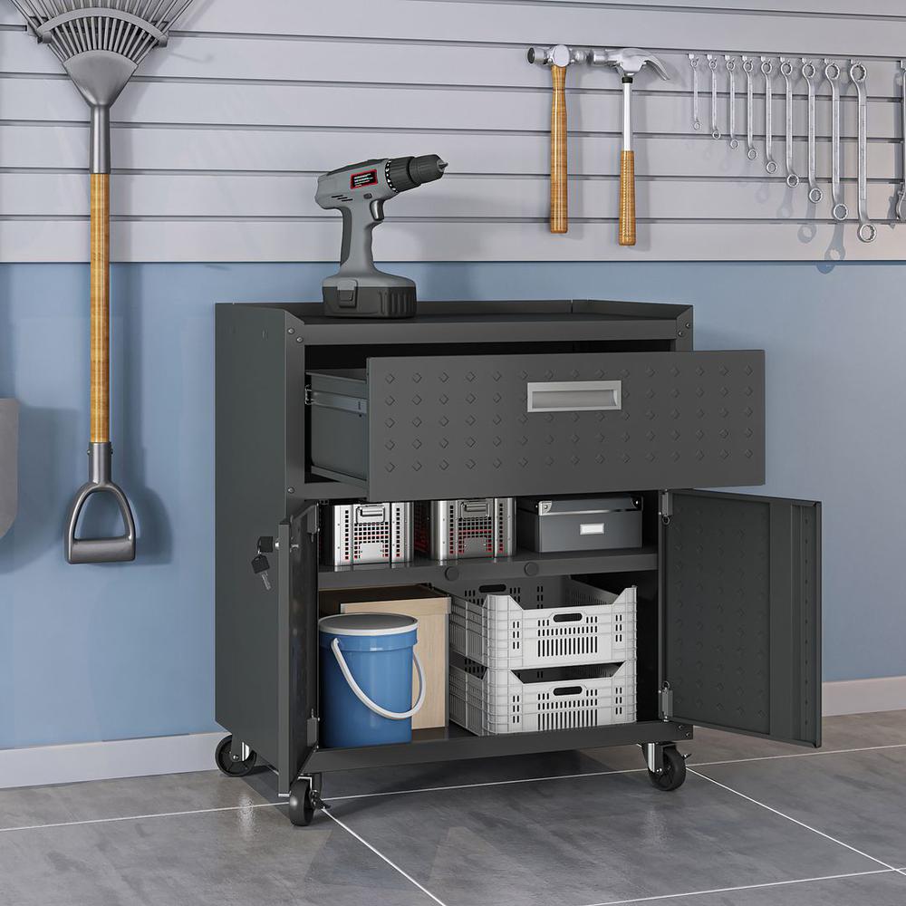 Fortress Textured Metal 31.5" Garage Mobile Cabinet with 1 Full Extension Drawer and 2 Adjustable Shelves in Charcoal Grey By Manhattan Comfort | Cabinets | Modishstore - 4