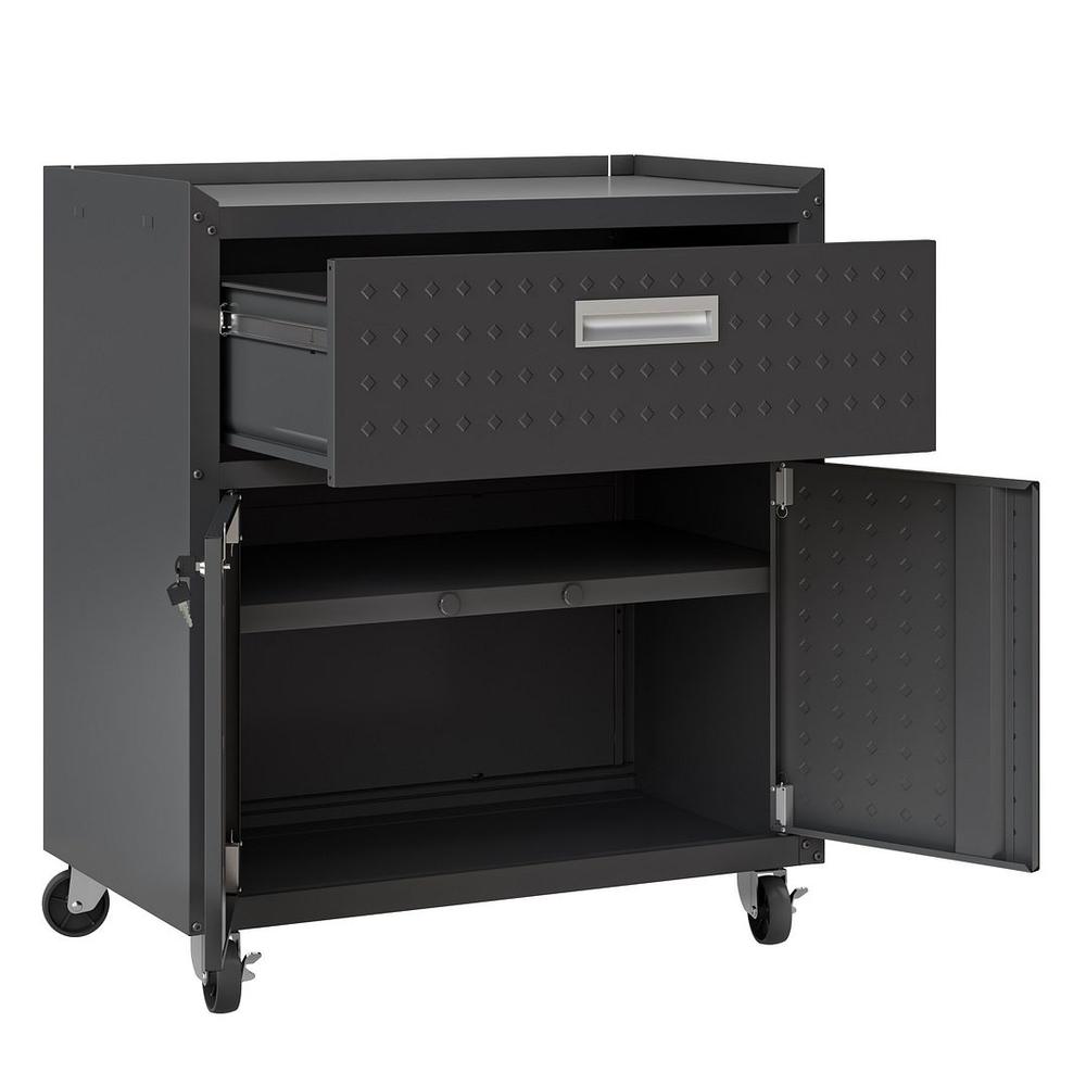 Fortress Textured Metal 31.5" Garage Mobile Cabinet with 1 Full Extension Drawer and 2 Adjustable Shelves in Charcoal Grey By Manhattan Comfort | Cabinets | Modishstore - 5