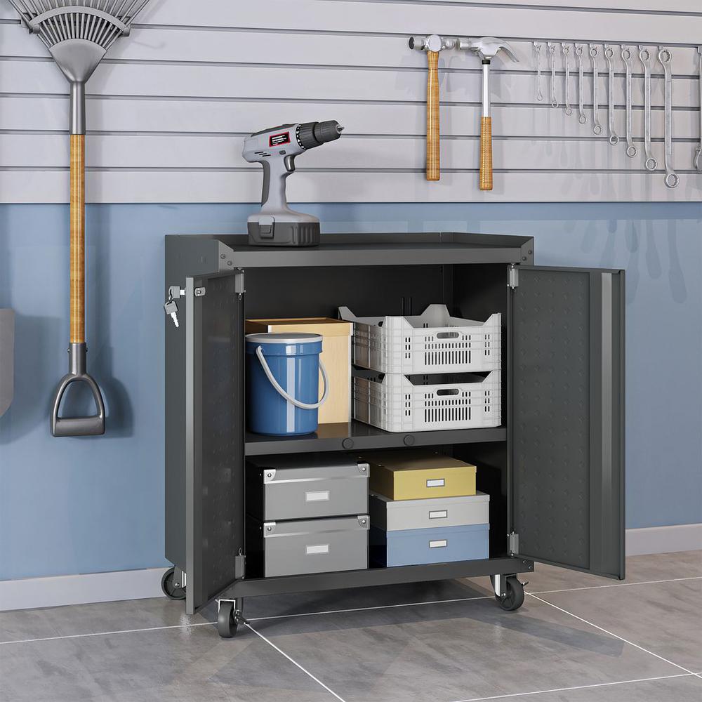 Fortress Textured Metal 31.5" Garage Mobile Cabinet with 2 Adjustable Shelves in Charcoal Grey By Manhattan Comfort | Cabinets | Modishstore - 4