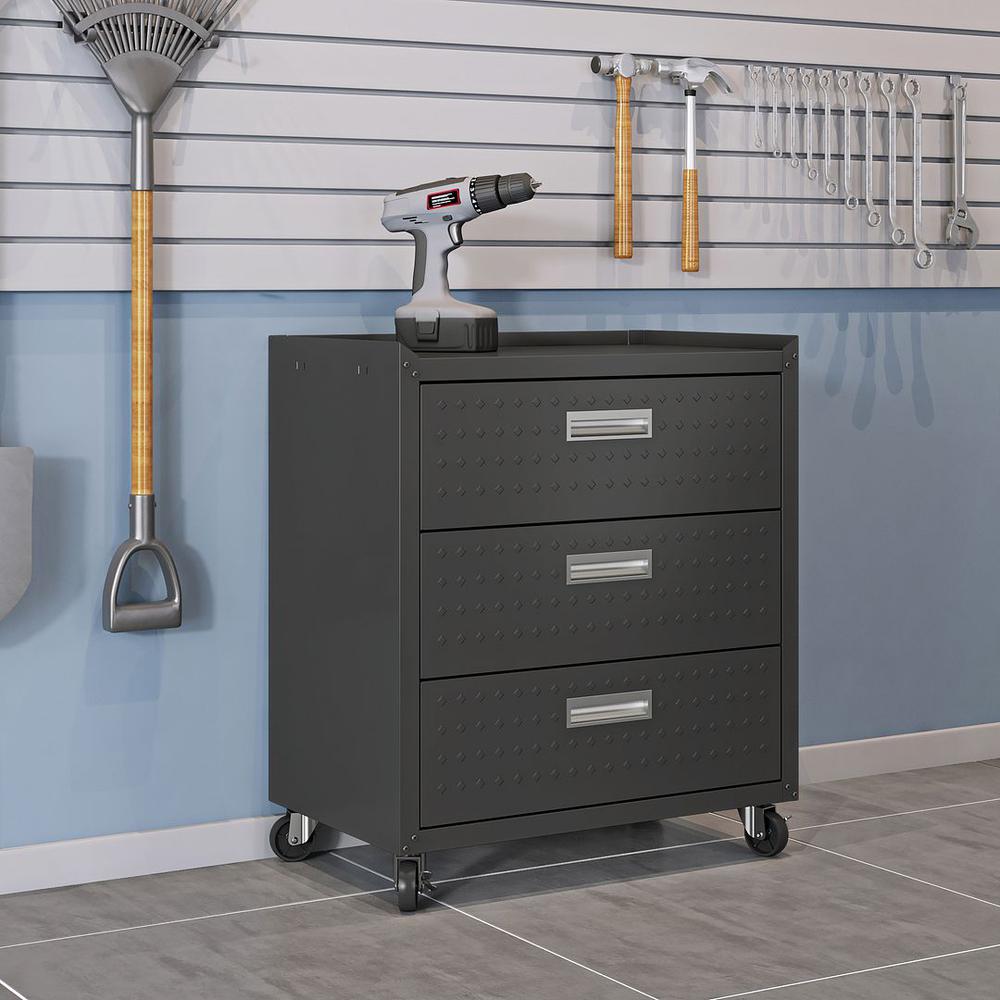 Fortress Textured Metal 31.5" Garage Mobile Chest with 3 Full Extension Drawers in Charcoal Grey By Manhattan Comfort | Drawers | Modishstore