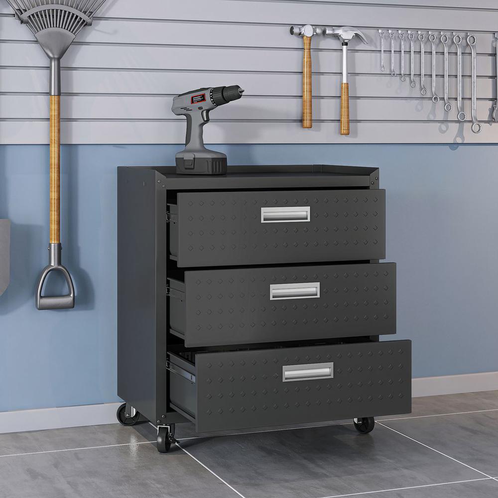 Fortress Textured Metal 31.5" Garage Mobile Chest with 3 Full Extension Drawers in Charcoal Grey By Manhattan Comfort | Drawers | Modishstore - 4