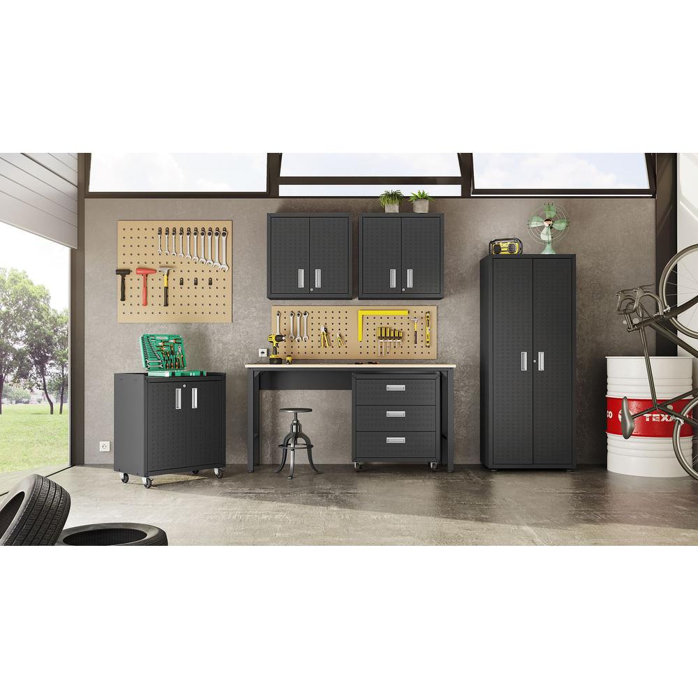 6-Piece Fortress Textured Garage Set with Cabinets, Wall Units and Table in Charcoal Grey By Manhattan Comfort | Cabinets | Modishstore