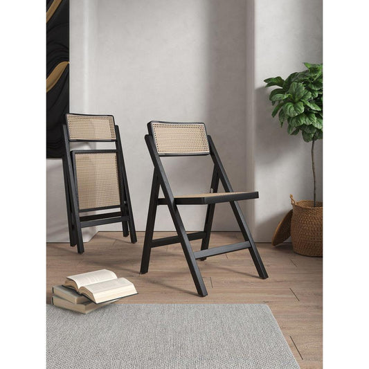 Pullman Folding Dining Chair in Black and Natural Cane - Set of 2 By Manhattan Comfort | Dining Chairs | Modishstore