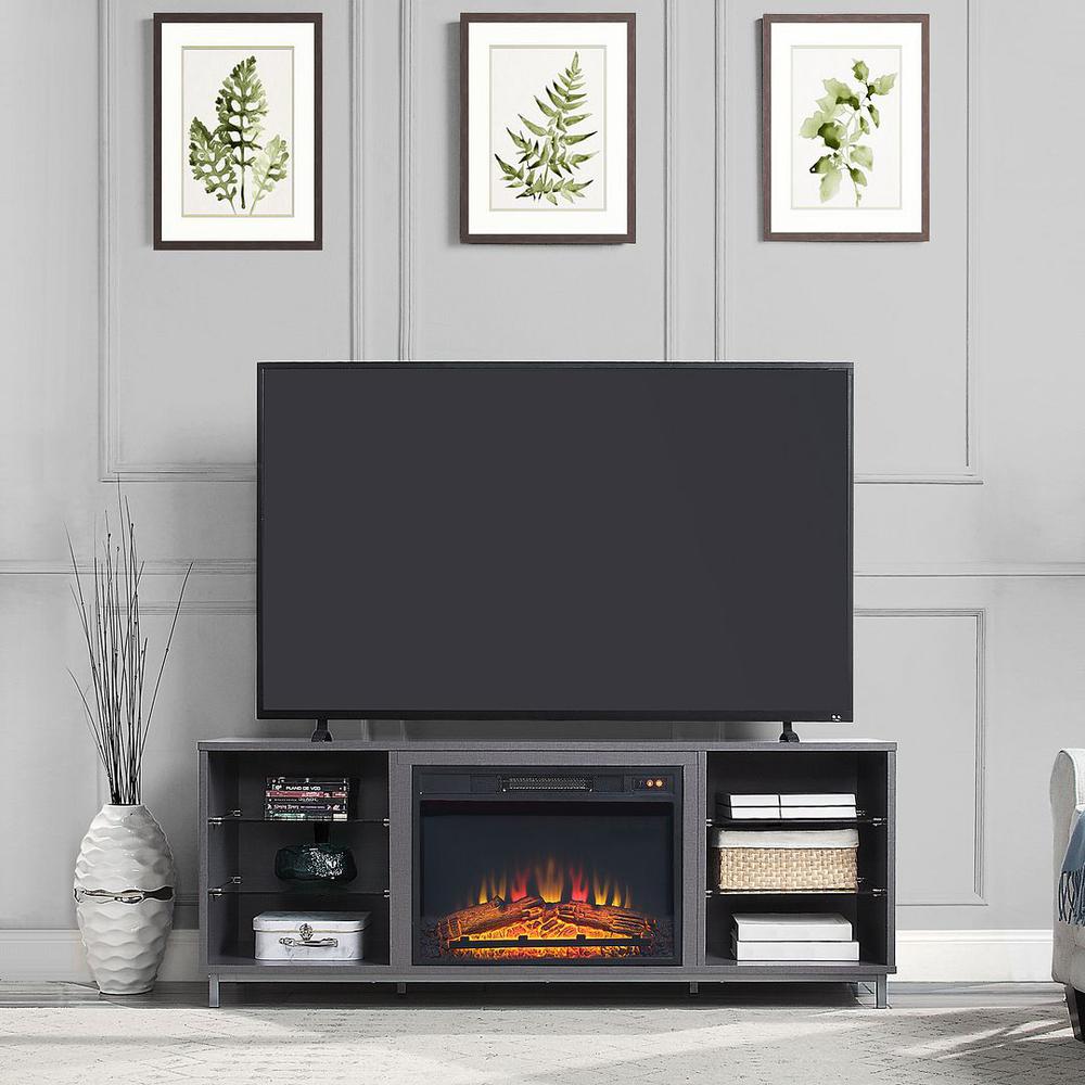 Brighton 60" Fireplace with Glass Shelves and Media Wire Management in White By Manhattan Comfort | Sideboards | Modishstore - 7