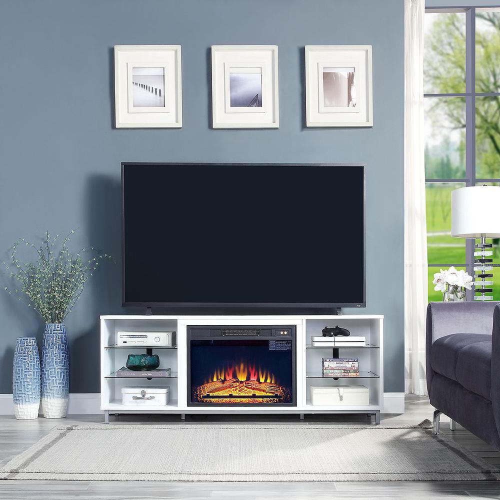 Brighton 60" Fireplace with Glass Shelves and Media Wire Management in White By Manhattan Comfort | Sideboards | Modishstore