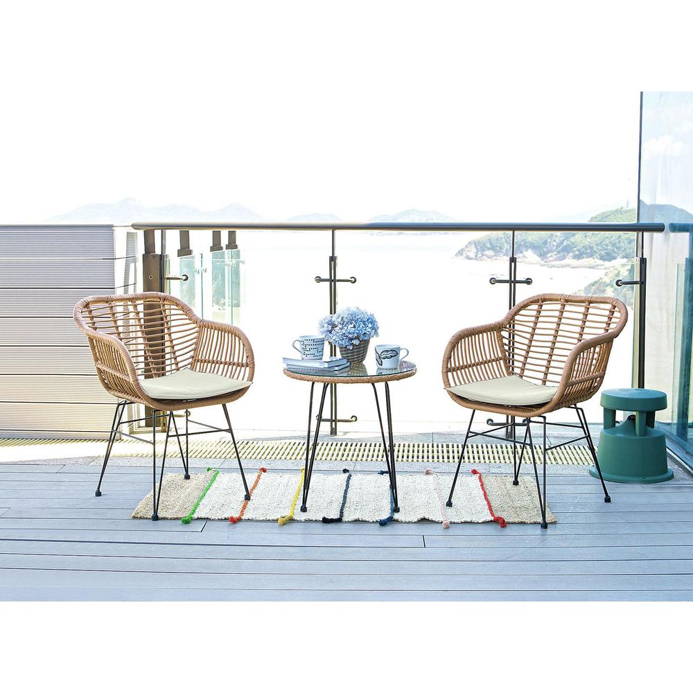 Antibes 1.0 Steel Rattan 3-Piece Patio Conversation Set with Cushions in Cream By Manhattan Comfort | Outdoor Sofas, Loveseats & Sectionals | Modishstore