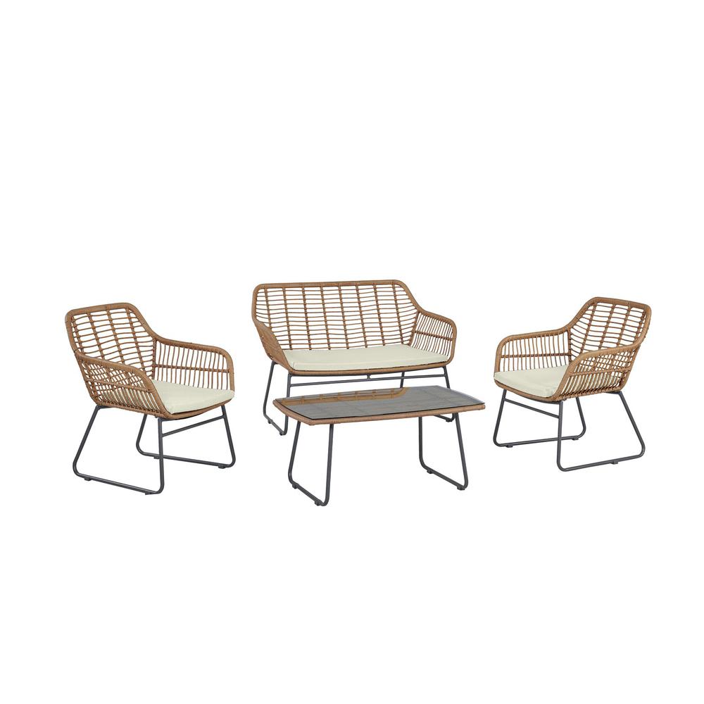 Antibes 2.0 Steel Rattan 4-Piece Patio Conversation Set with Cushions in Cream By Manhattan Comfort | Outdoor Sofas, Loveseats & Sectionals | Modishstore - 2