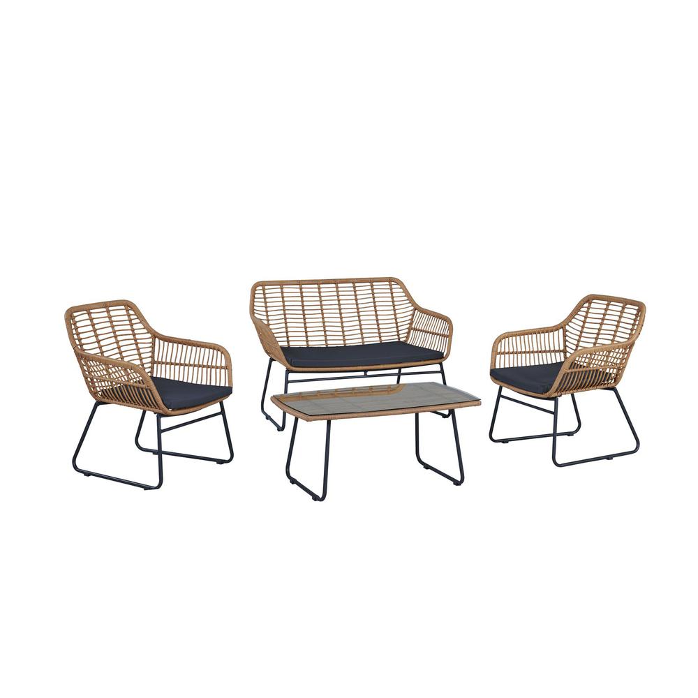 Antibes 2.0 Steel Rattan 4-Piece Patio Conversation Set with Cushions in Cream By Manhattan Comfort | Outdoor Sofas, Loveseats & Sectionals | Modishstore - 6