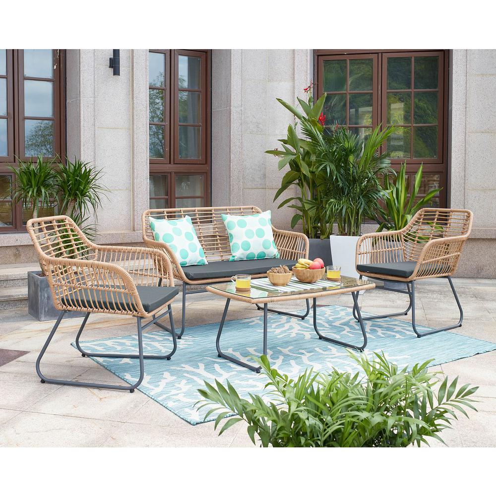 Antibes 2.0 Steel Rattan 4-Piece Patio Conversation Set with Cushions in Cream By Manhattan Comfort | Outdoor Sofas, Loveseats & Sectionals | Modishstore - 7