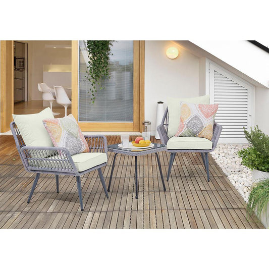 Cannes Rope Wicker 3-Piece Patio Conversation Set with Cushions in Cream By Manhattan Comfort | Outdoor Sofas, Loveseats & Sectionals | Modishstore