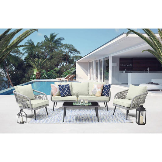 Riviera Rope Wicker 4-Piece 5 Seater Patio Conversation Set w/ Cushions in Cream By Manhattan Comfort | Outdoor Sofas, Loveseats & Sectionals | Modishstore