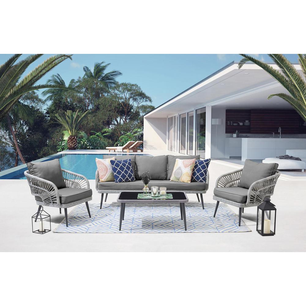 Riviera Rope Wicker 4-Piece 5 Seater Patio Conversation Set w/ Cushions in Cream By Manhattan Comfort | Outdoor Sofas, Loveseats & Sectionals | Modishstore - 6
