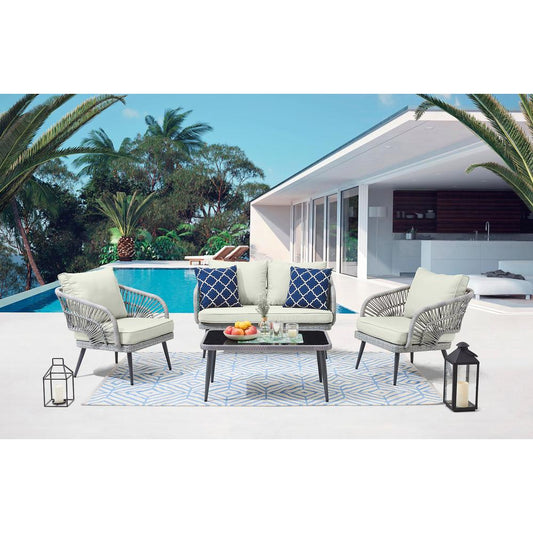 Riviera Rope Wicker 4-Piece 4 Seater Patio Conversation Set w/ Cushions in Cream By Manhattan Comfort | Outdoor Sofas, Loveseats & Sectionals | Modishstore