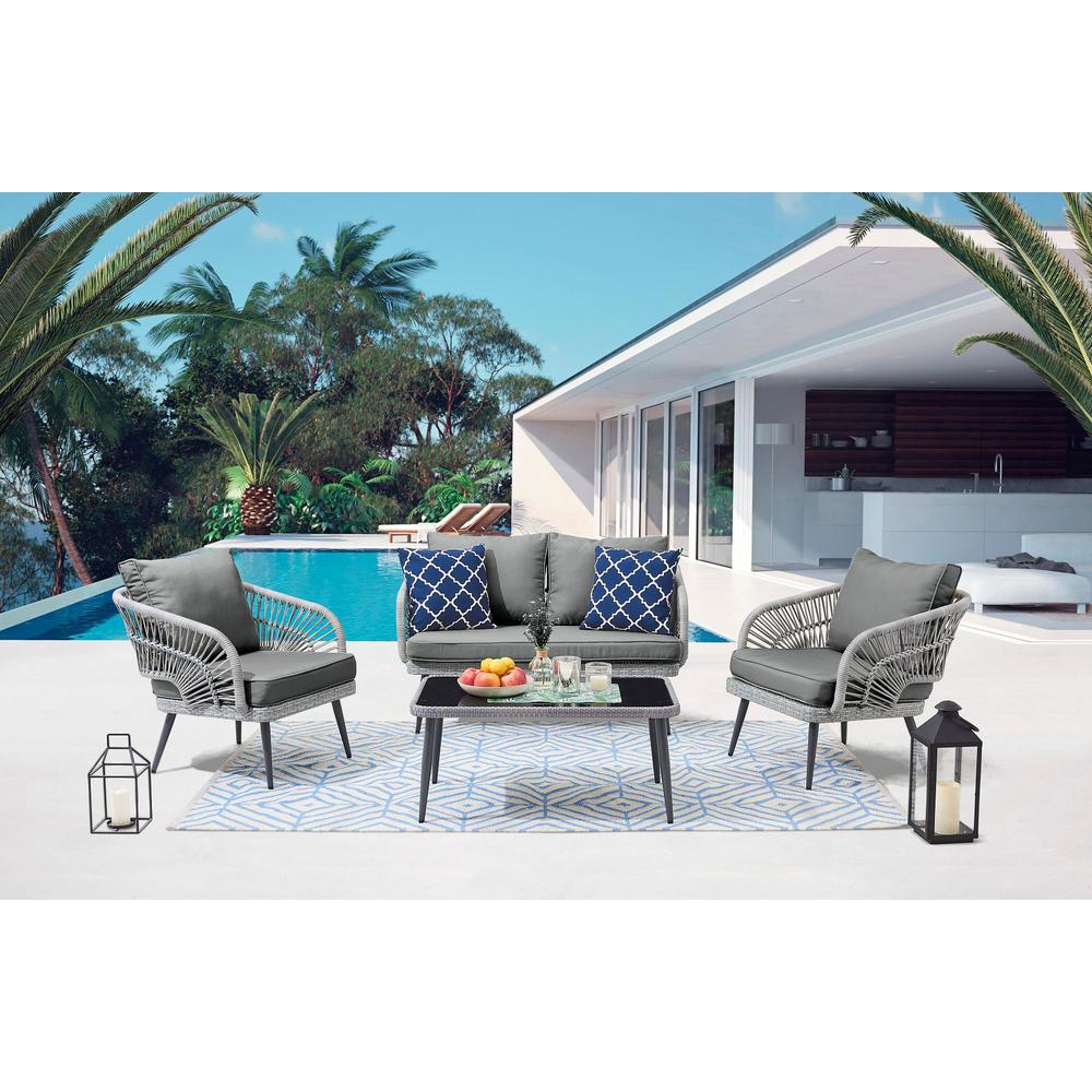 Riviera Rope Wicker 4-Piece 4 Seater Patio Conversation Set w/ Cushions in Cream By Manhattan Comfort | Outdoor Sofas, Loveseats & Sectionals | Modishstore - 6