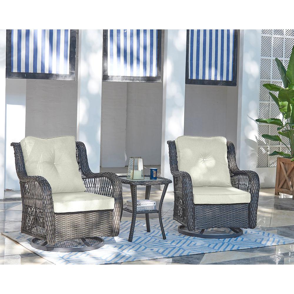 Fruttuo Swivel Steel Rattan 3-Piece Patio Conversation Set with Cushions in Cream By Manhattan Comfort | Outdoor Sofas, Loveseats & Sectionals | Modishstore