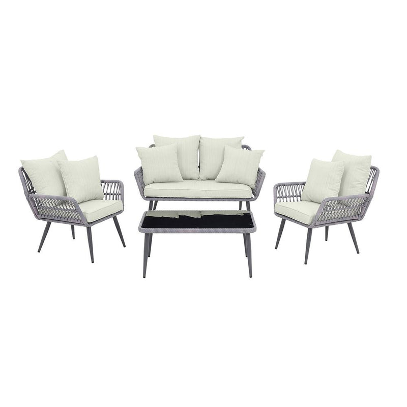 Portofino Rope Wicker 4-Piece Patio Conversation Set with Cushions in Cream By Manhattan Comfort | Outdoor Sofas, Loveseats & Sectionals | Modishstore - 2