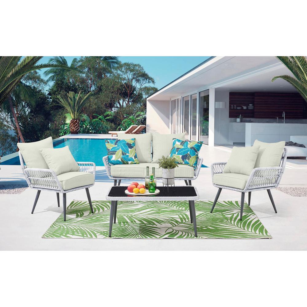 Portofino Rope Wicker 4-Piece Patio Conversation Set with Cushions in Cream By Manhattan Comfort | Outdoor Sofas, Loveseats & Sectionals | Modishstore