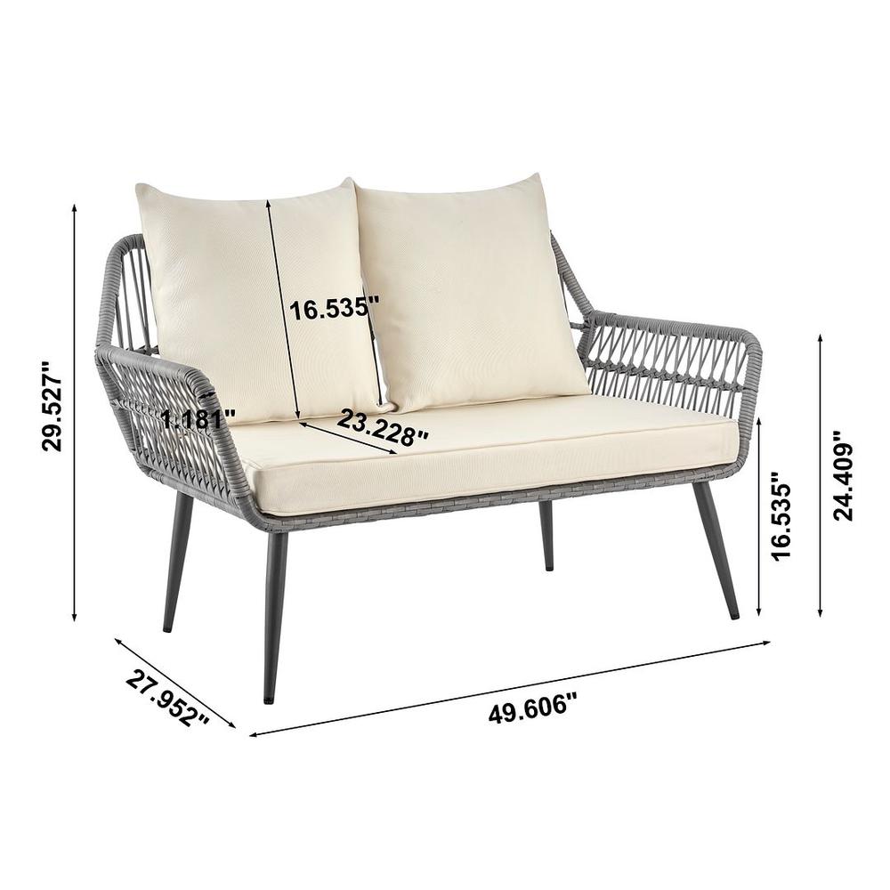 Portofino Rope Wicker 4-Piece Patio Conversation Set with Cushions in Cream By Manhattan Comfort | Outdoor Sofas, Loveseats & Sectionals | Modishstore - 3