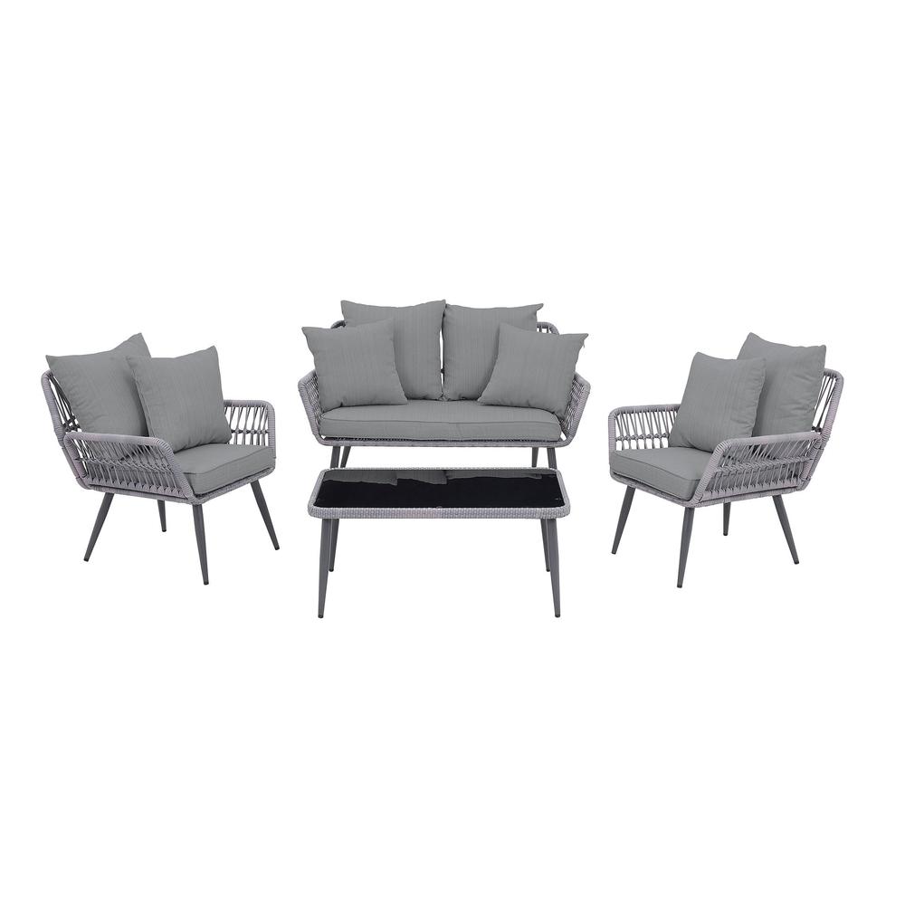 Portofino Rope Wicker 4-Piece Patio Conversation Set with Cushions in Cream By Manhattan Comfort | Outdoor Sofas, Loveseats & Sectionals | Modishstore - 6