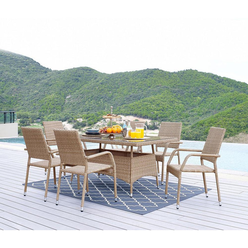 Genoa 7-Piece Steel Rectangle Glass Top Outdoor Dining Table and 6 Armchairs without cushions in Nature Tan Weave By Manhattan Comfort | Outdoor Dining Sets | Modishstore