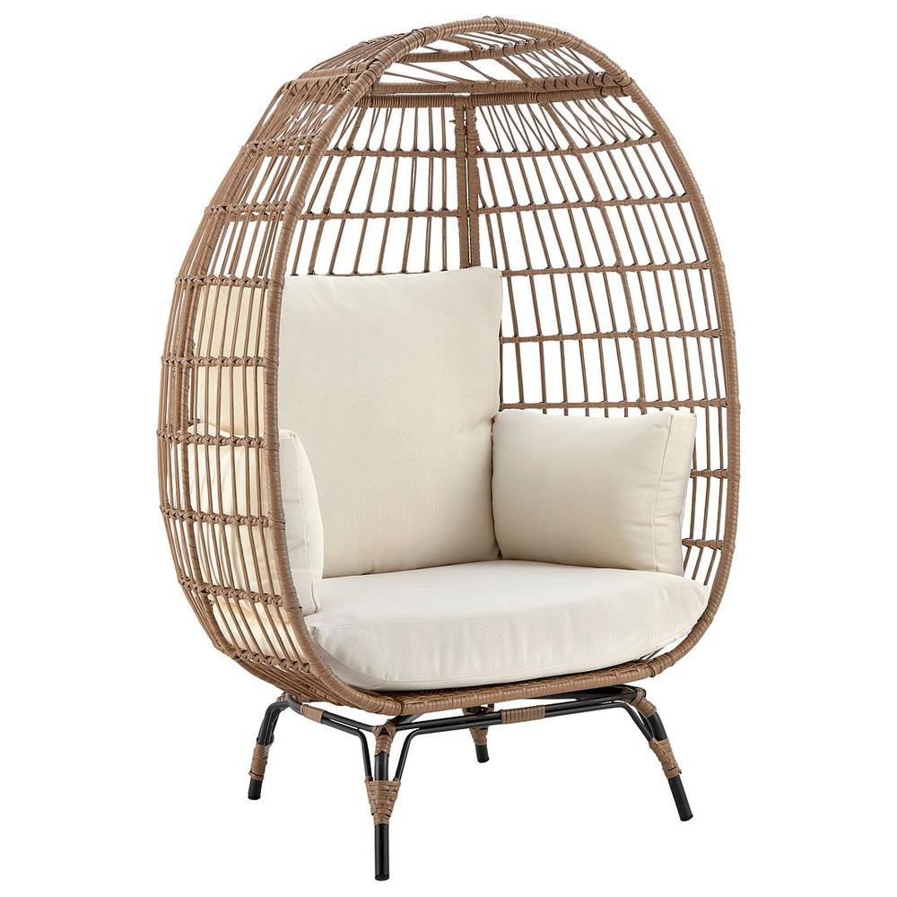 Spezia Freestanding Steel and Rattan Outdoor Egg Chair with Cushions in Cream By Manhattan Comfort | Outdoor Chairs | Modishstore - 2