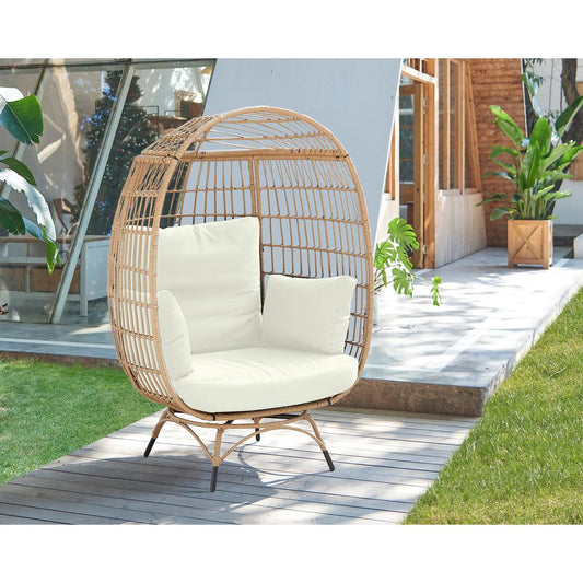 Spezia Freestanding Steel and Rattan Outdoor Egg Chair with Cushions in Cream By Manhattan Comfort | Outdoor Chairs | Modishstore