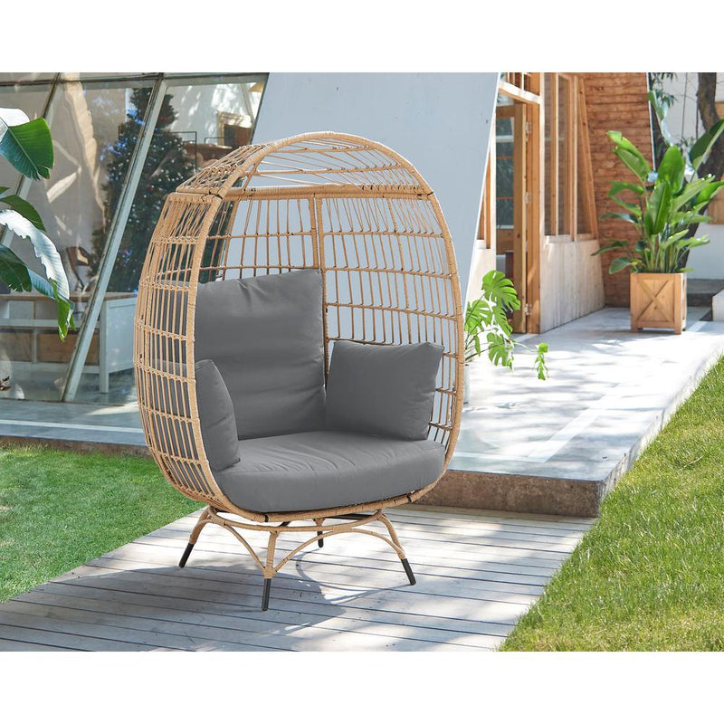 Spezia Freestanding Steel and Rattan Outdoor Egg Chair with Cushions in Grey By Manhattan Comfort | Outdoor Chairs | Modishstore