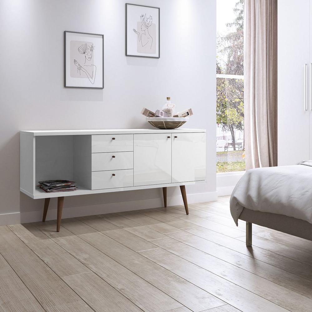 Utopia 63.38 Wide Dresser with 3 Drawers in White Gloss and Maple Cream By Manhattan Comfort | Dressers | Modishstore