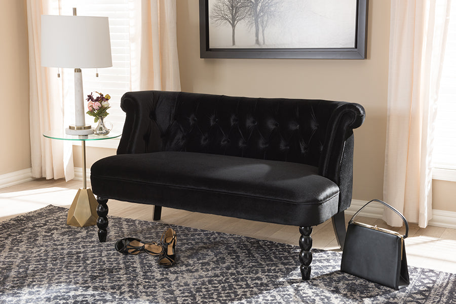 Baxton Studio Flax Victorian Style Contemporary Black Velvet Fabric Upholstered 2-seater Loveseat | Loveseats | Modishstore - 2
