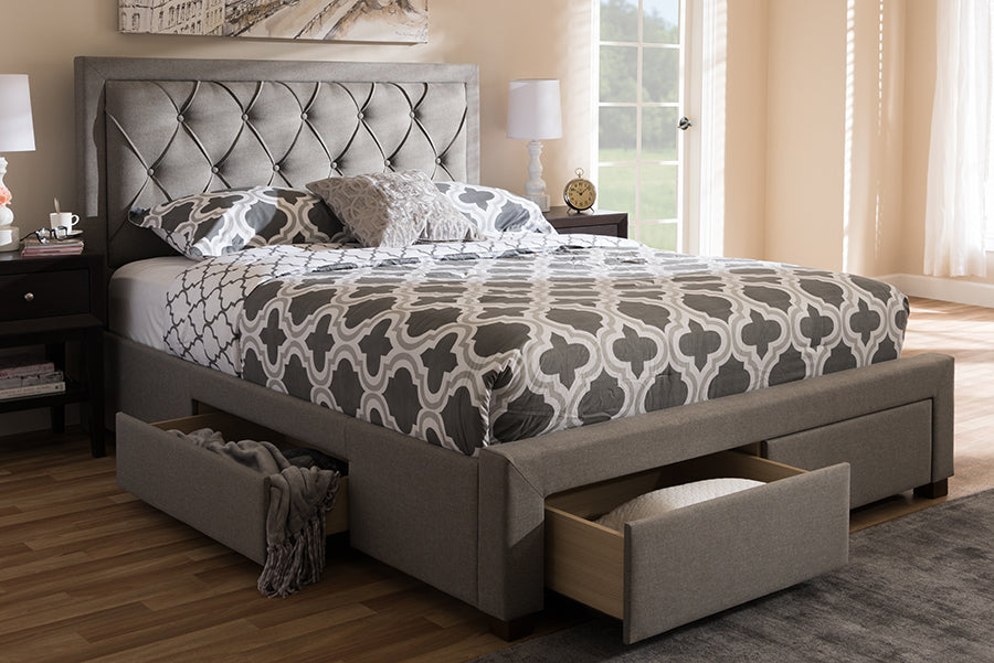 Baxton Studio Aurelie Modern and Contemporary Light Grey Fabric Upholstered King Size Storage Bed | Beds | Modishstore