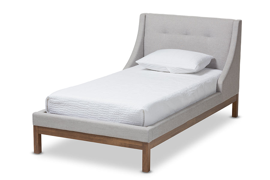 baxton studio louvain modern and contemporary greyish beige fabric upholstered walnut finished twin sized platform bed | Modish Furniture Store-2
